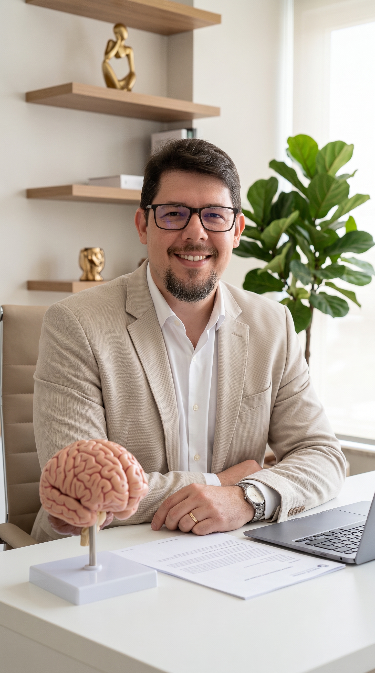 Dr. Enrique Ortellado sorrindo em seu consultório, com modelo de cérebro e laptop sobre a mesa