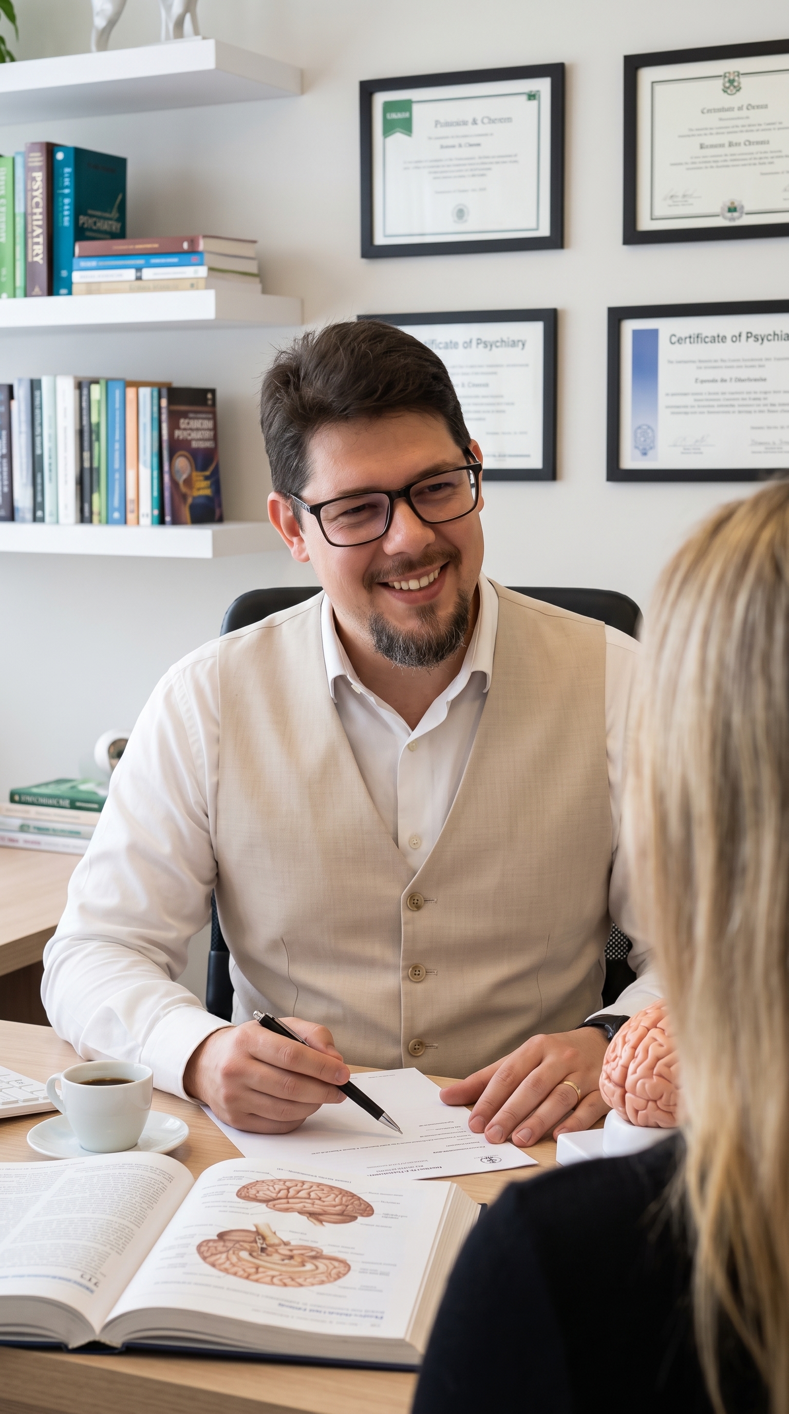 Dr. Enrique Ortellado em consulta, conversando e sorrindo com paciente