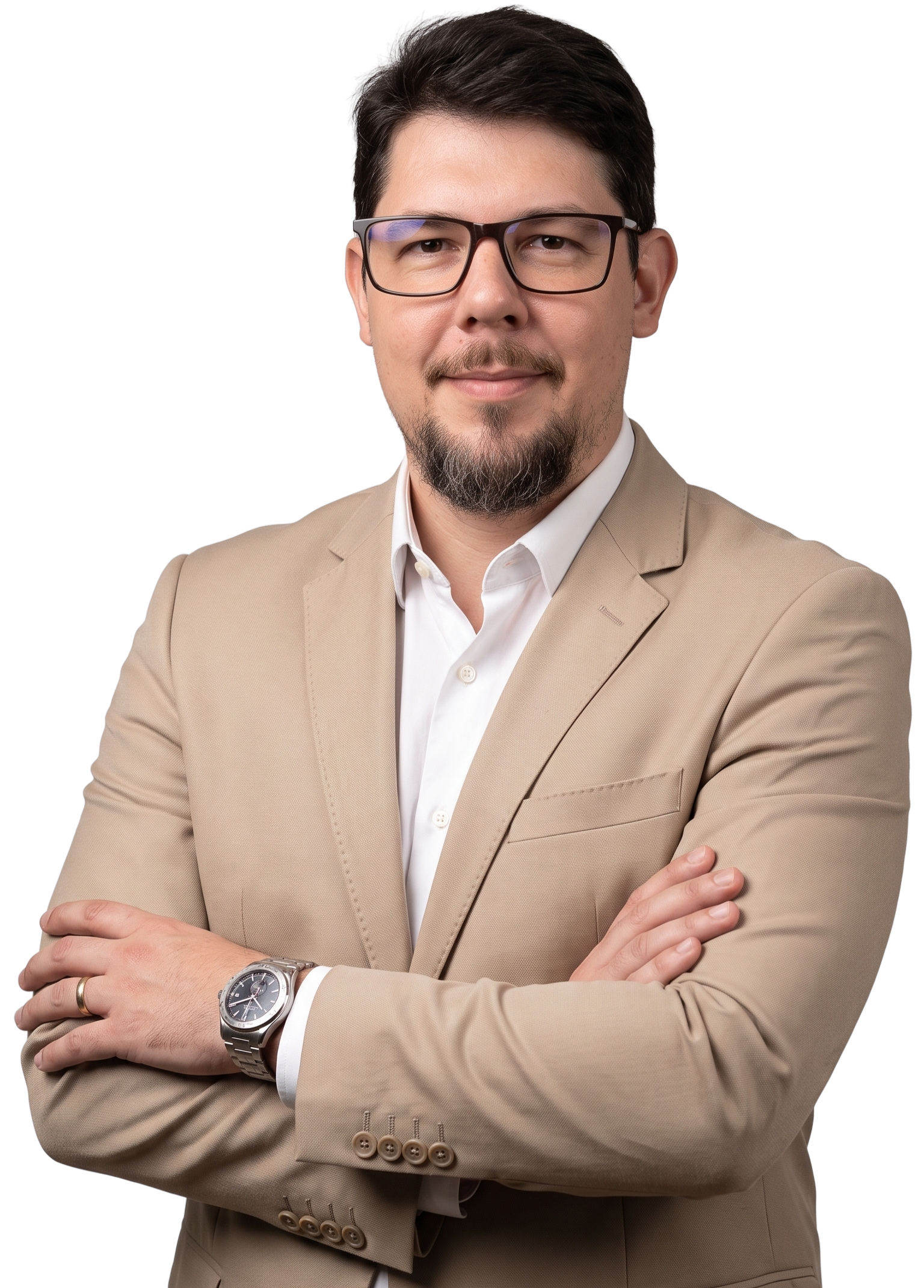 Dr. Enrique Ortellado, médico psiquiatra, de blazer bege e braços cruzados